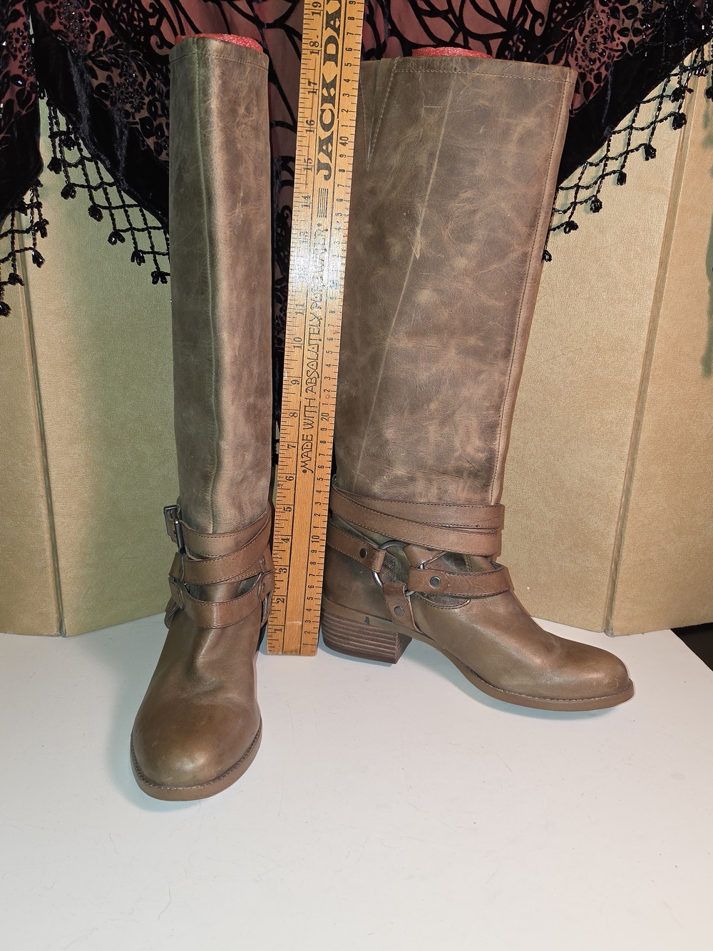 Gianni Bini Brown Tall Leather Riding Boots with Strap Detail